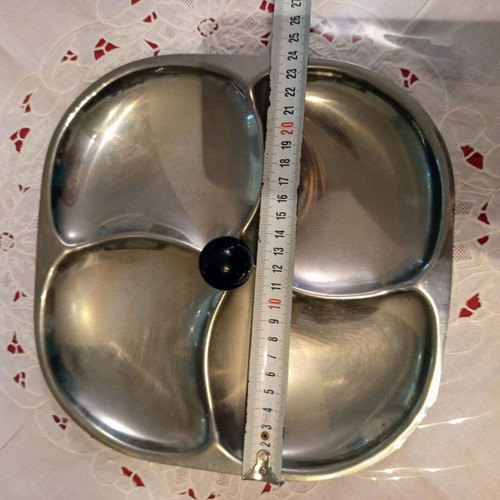 Vintage metal bowl snack tray with 4 compartments, used