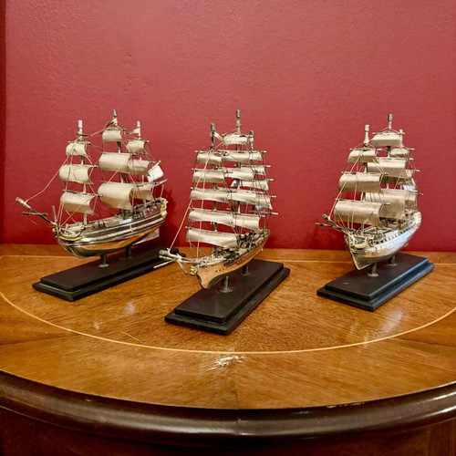 Set of 3 metal sailing ships used, vintage captain's collection