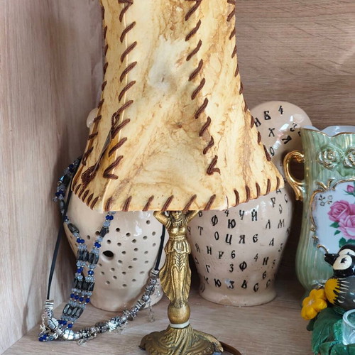 Vintage bronze lamp with natural leather lampshade Art Nouveau style like new