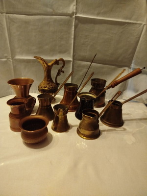 Copper and bronze briki set, 11 pieces