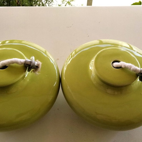 Pair of Handmade Ceramic Oil Lamps, Lime Green