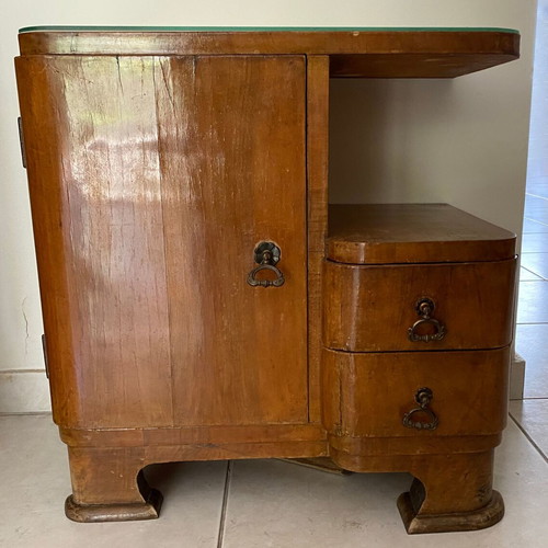Vintage wooden Art Deco nightstand used with cabinet and 2 drawers