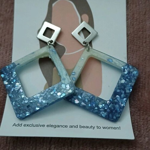 Handmade resin earrings on steel rhombus base, new blue silver