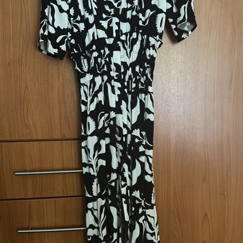 Pink Woman long cotton dress with buttons, black and white, size S