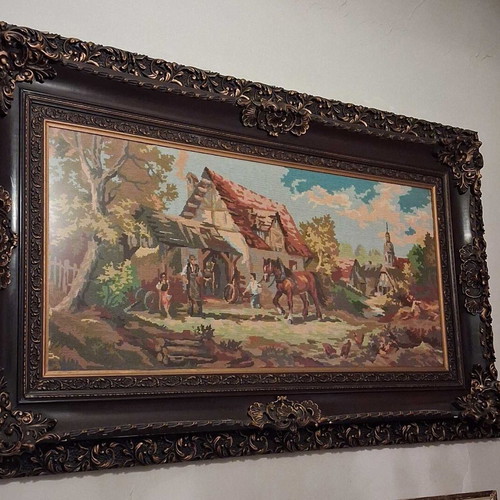 Gobelin tapestry used with handmade embroidery and carved frame