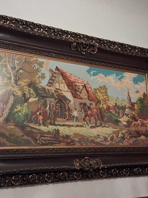 Gobelin tapestry used with handmade embroidery and carved frame