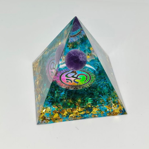 Orgonite pyramid with amethyst and Om symbol like new