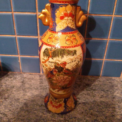 Japanese vintage decorative vase with handpainted design used