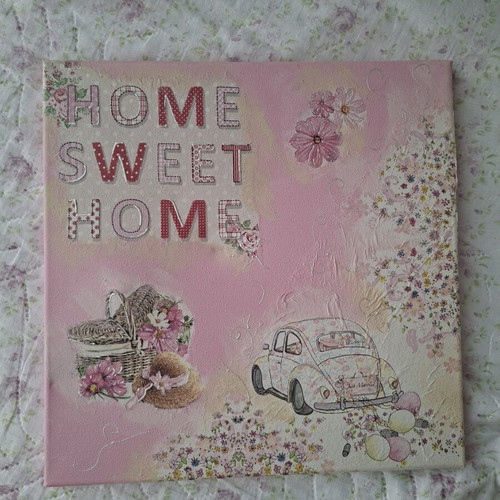 Home Sweet Home vintage canvas wall art, pink floral shabby chic