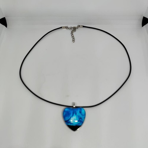 Handmade Heart Necklace with Blue Liquid Glass and Black Cord like new