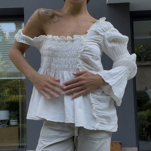 Maison Mume Handmade Asymmetric Off-Shoulder Ruched Top like new, cotton linen mix
