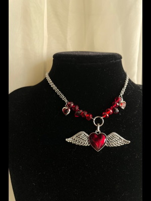 Handmade Gothic vampy necklace new, red with charm and crystal beads