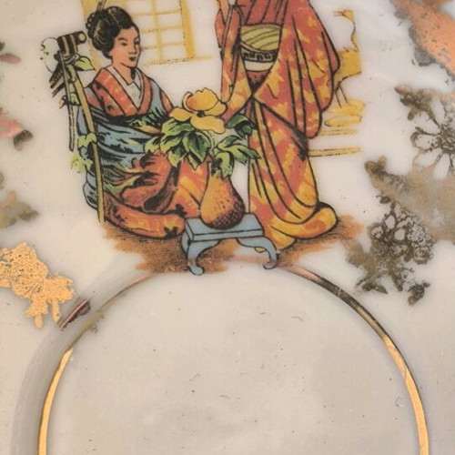 Kutani porcelain decorative cups with lithographs and gold trim used