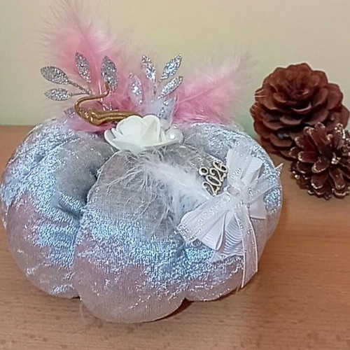 Handmade Large Velvet Pumpkin Lucky Charm 2026 in Silver Metallic Color