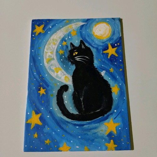 Canvas painting with cat motif new, acrylic 13×18 cm