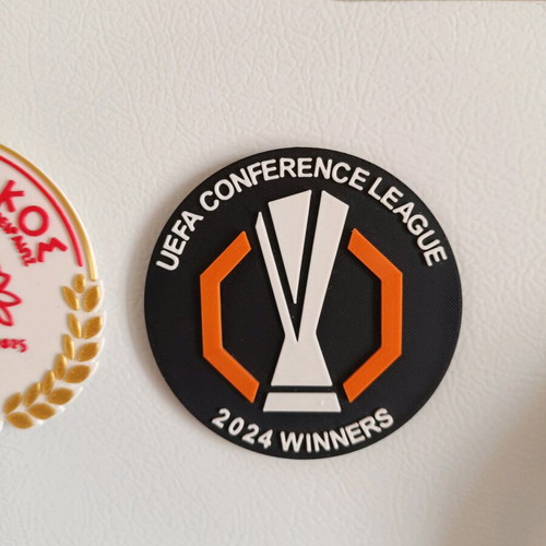 Olympiacos 100 Years Collectible Badge and UEFA Europa Conference League Winners 2024 Badge