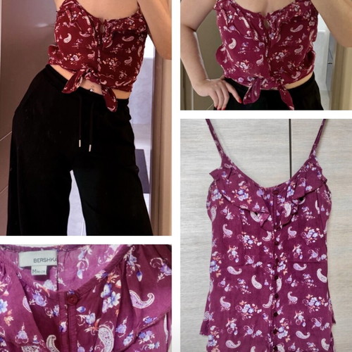 Bershka Cami Spaghetti Shirt cotton print top like new, magenta burgundy