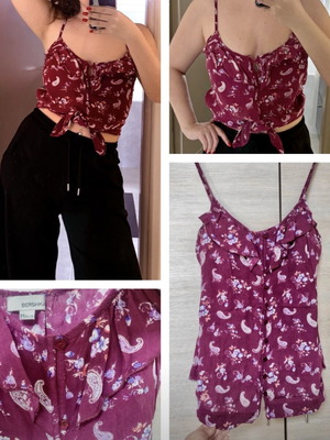 Bershka Cami Spaghetti Shirt cotton print top like new, magenta burgundy