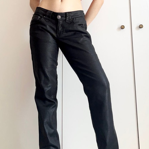 Y2K black low-rise shiny jeans slim straight used, size S