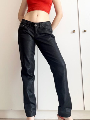 Y2K black low-rise shiny jeans slim straight used, size S