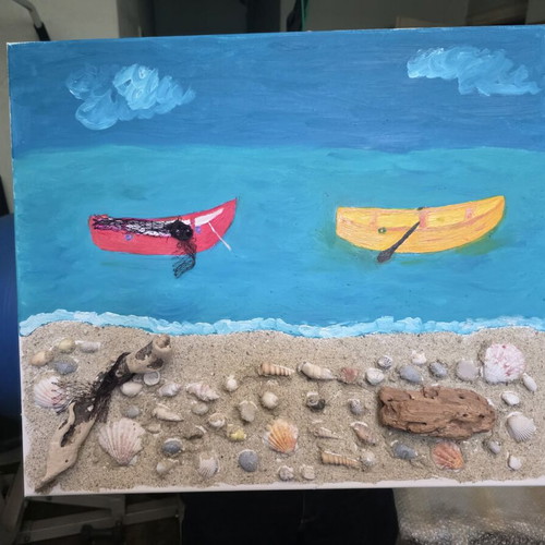 Handmade painting with pebbles sand and shells like new