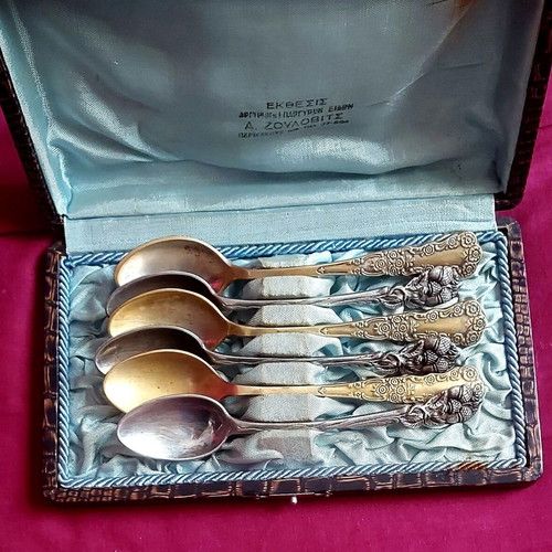 Antique spoon set used, 3 silver 800 and 3 gold-plated with case