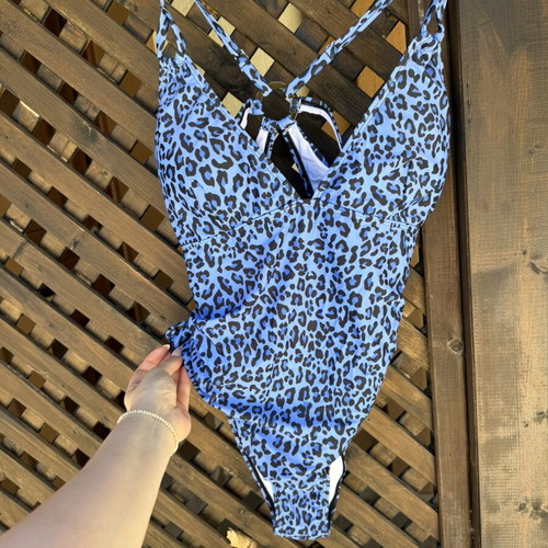 Leopard Print Swimsuit blue, new with removable cups, brazilian cut
