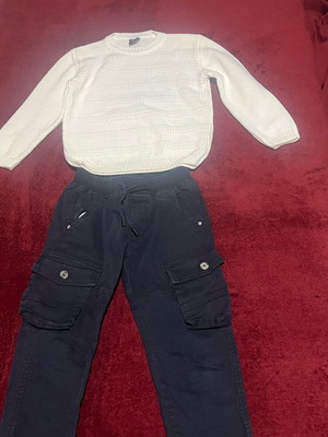 Easter set white knitted Tetero and cargo pants like new, 8 years old