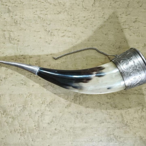 Traditional Wine Drinking Horn with Metal Decoration like new