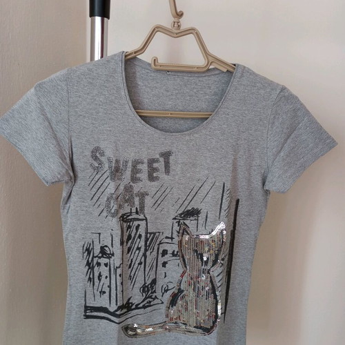 T-shirt "Sweet Cat" with sequins, grey melange