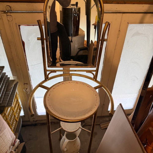 Antique washstand with mirror, porcelain and brass base like new