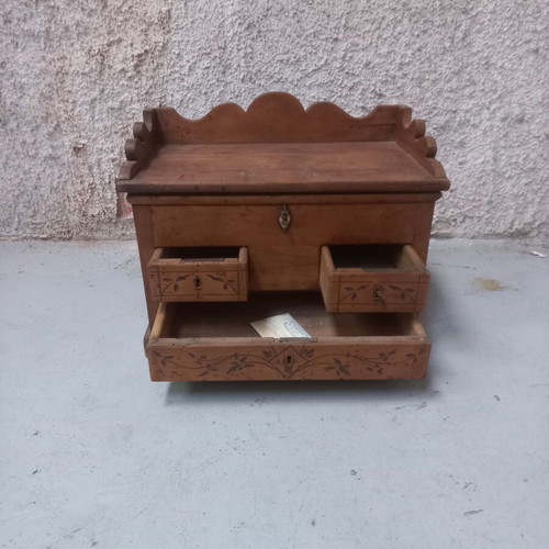 Greek carved wooden chest used, antique with decorative motifs and drawers