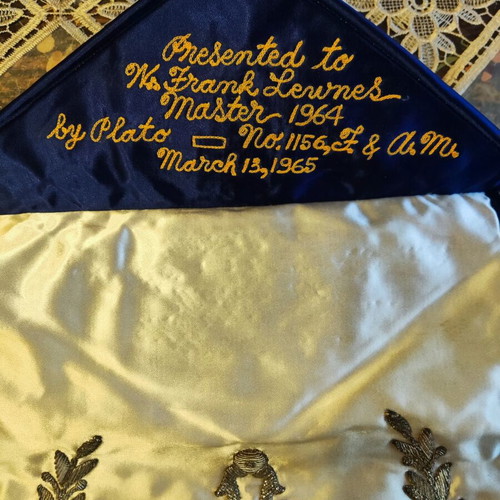Past Master Masonic Apron 1965 Plato Lodge NY