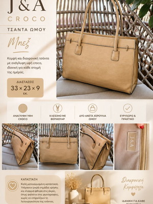 J&A Croco Shoulder Bag used, beige, 33×23×9 cm