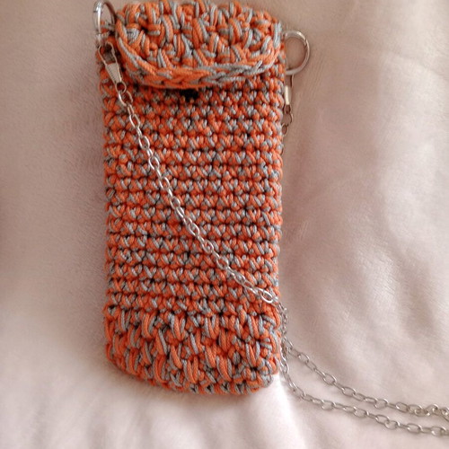 Handmade crossbody phone bag orange with gray and silver new