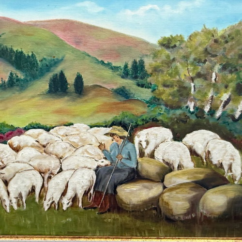Oil painting Shepherd with flock