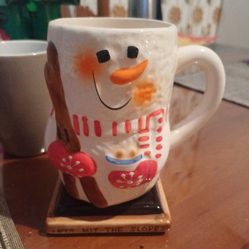 Vintage Christmas Mug 3D Snowman "Let's Hit The Slopes" Bay Island