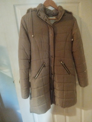 Beige long jacket used, warm, fits S-M