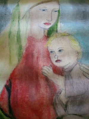 Watercolor painting of Virgin Mary and Jesus used