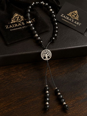 Handmade Komboloi from Black Onyx with Tree of Life Charm