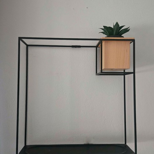 Cubist wall shelf used, black with wooden cup