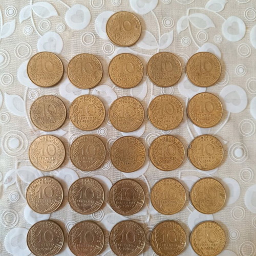 French coins used, pack of 26, 10 centimes 1973-1998