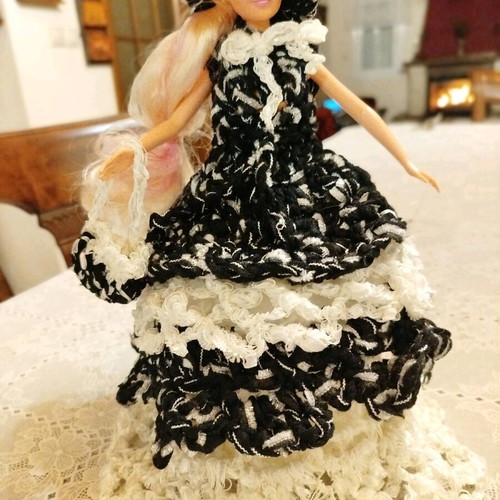 Doll with handmade dress, hat and bag, new