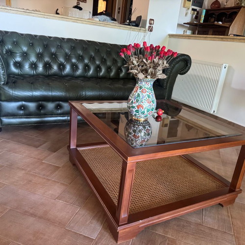 Classic coffee table rectangular 80x80x44cm like new, walnut or beech with glass