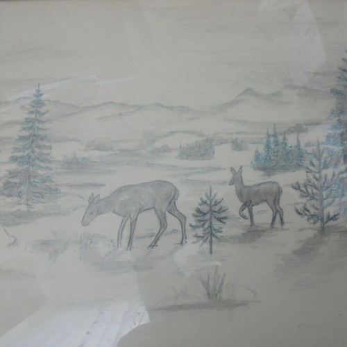 Vintage drawing with metal frame and glass used, signed