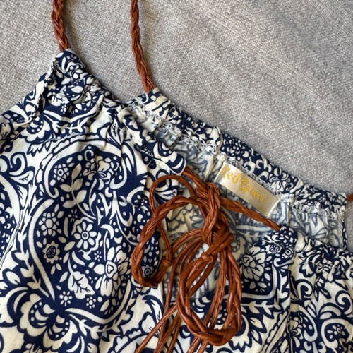 Playsuit printed short romper like new, blue white with leather straps