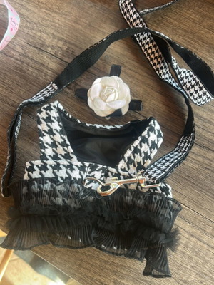 Dog leash new with white flower pin bolero style black and white