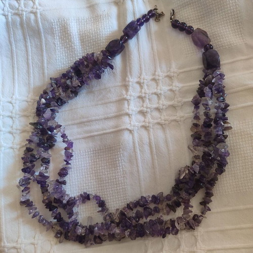 Multi-strand natural amethyst necklace, boho style