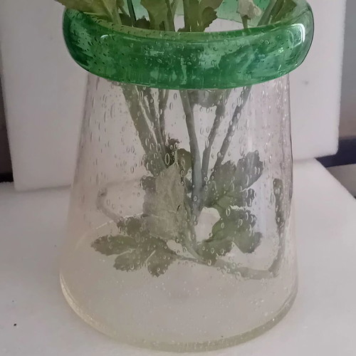 Large glass vase with fabric flowers