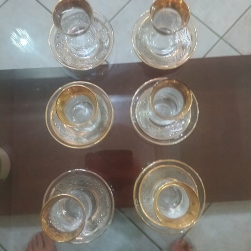 Turkish tea set unused with gold decoration, 6 glasses and 6 plates